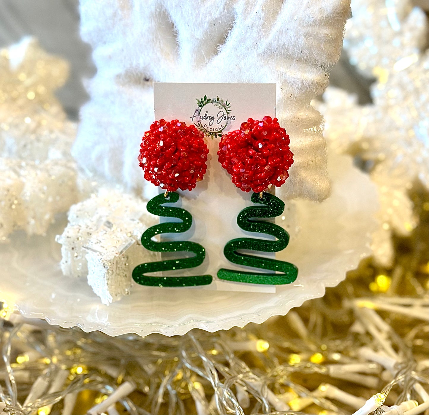 Christmas Tree Swirl Dangle Earrings W/Beaded Studs