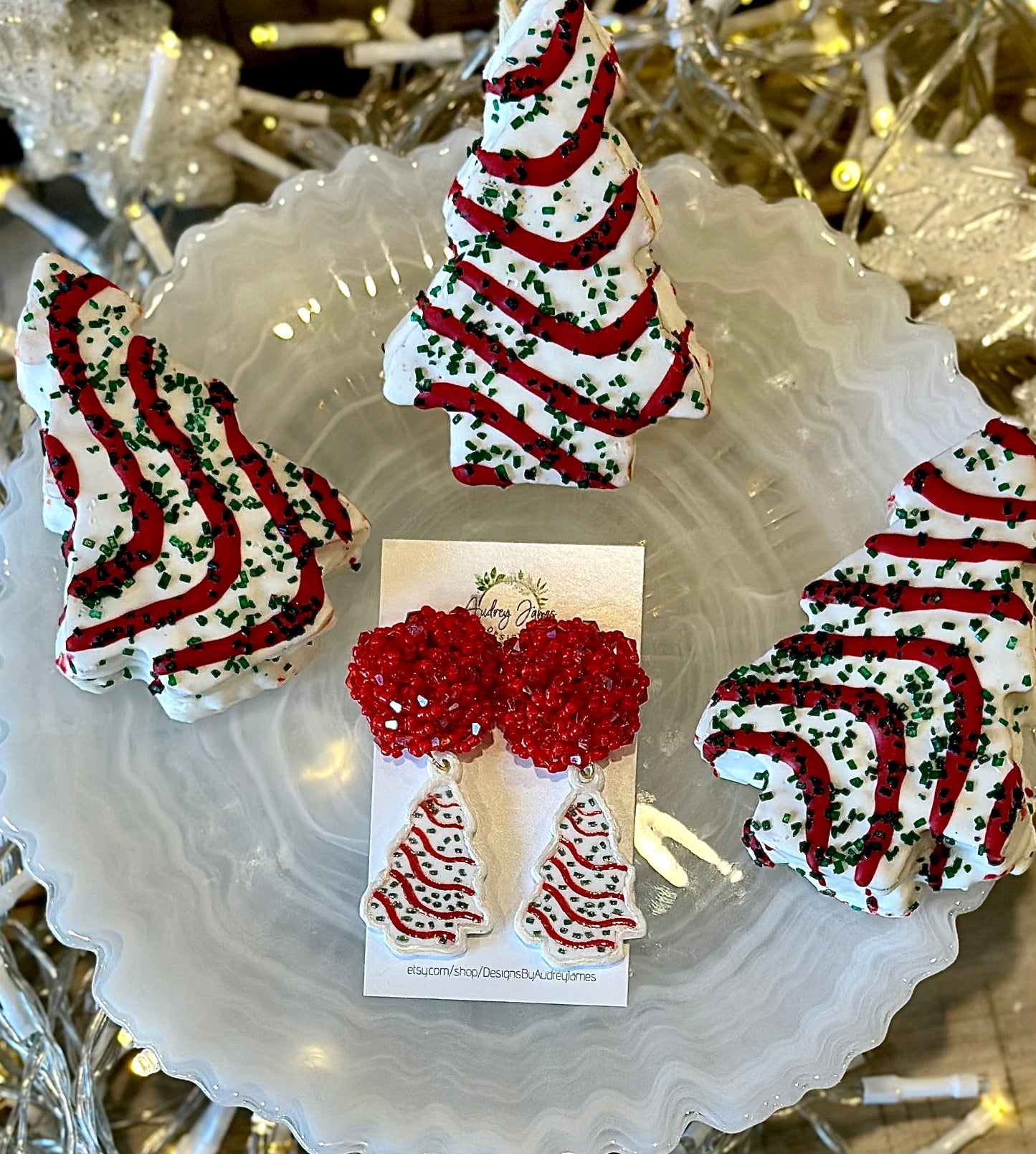 Christmas Cake Dangle Earrings W/Beaded Studs