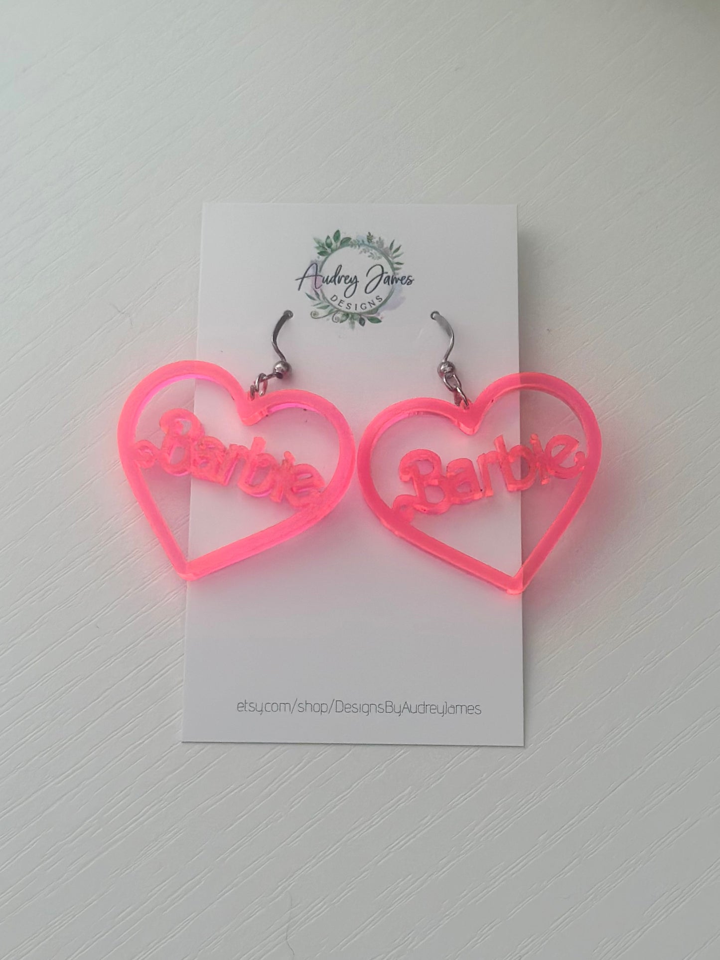 Neon Pink Barbie Heart Dangle Earrings